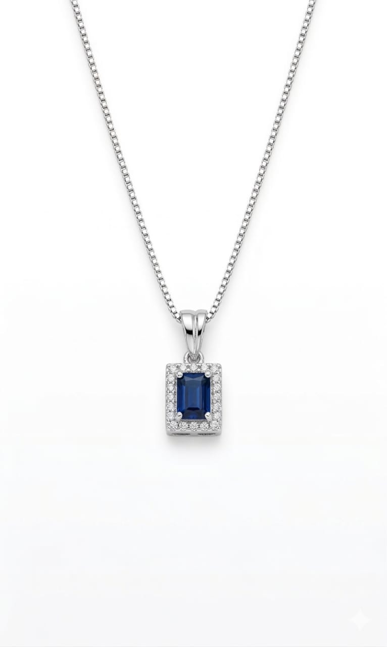 925 Sterling Silver Rhodium Plated Emerald-Cut Blue Sapphire Halo Pendant Necklace