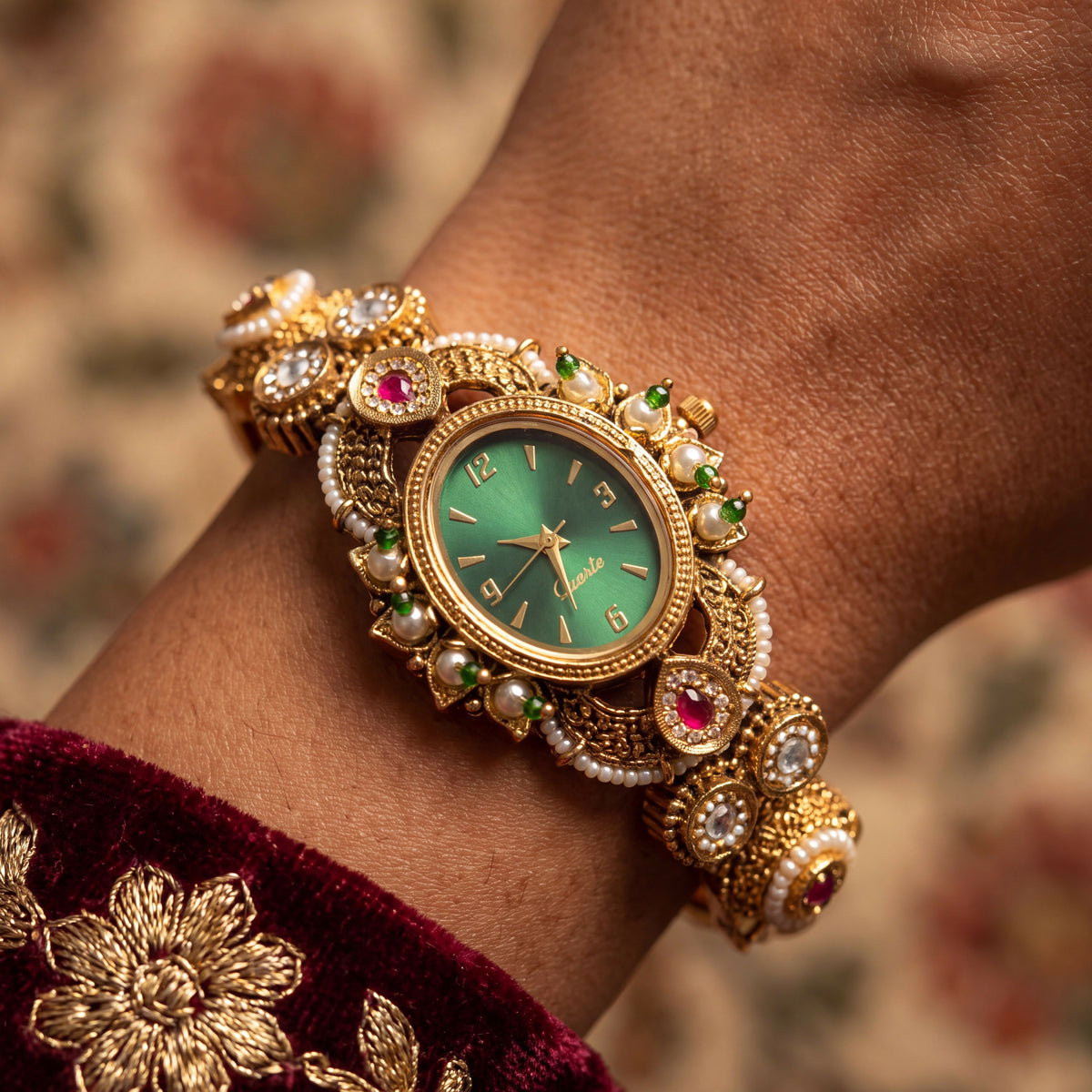 Antique Gold Green Dial Ruby Emerald Kundan Oval Bracelet Watch for Women & Girls | Stylish Watch | Wrist Watches for Girls | Ideal for gifting | Gift for Diwali, Christmas, Marriage, Birthday, anniversary, wedding