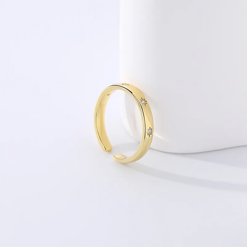 Gold Plated Star Cz Silver Band Ring, Zircon Adjustable Silver Ring For Women & Girls (Adjustable)