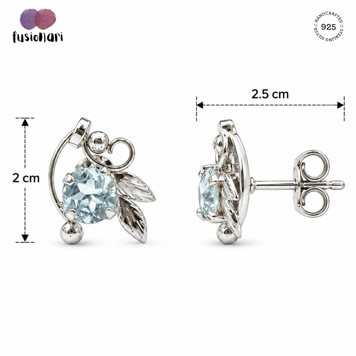 925 Sterling Silver Blue Topaz Gemstone Leaf Design Handmade Stud