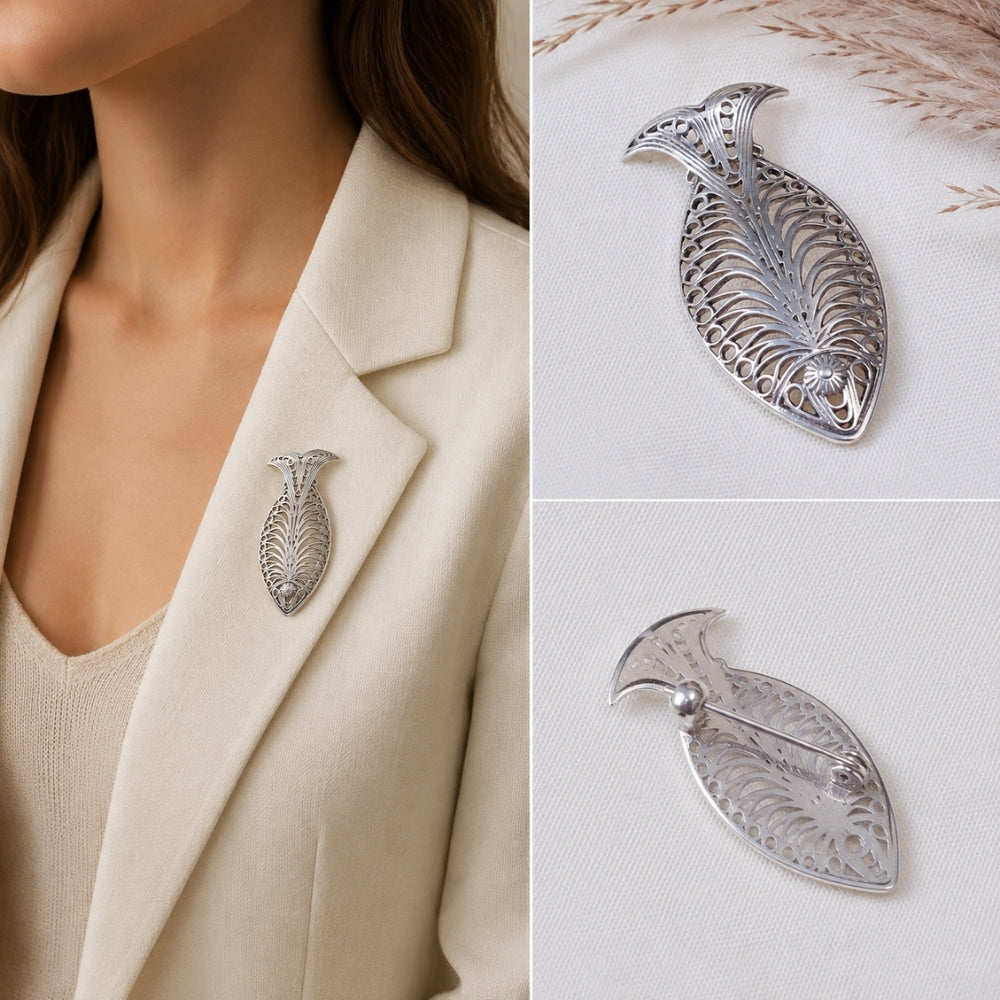 925 Sterling Silver Fish Design Leaf Brooch Pin for Women GIrls
