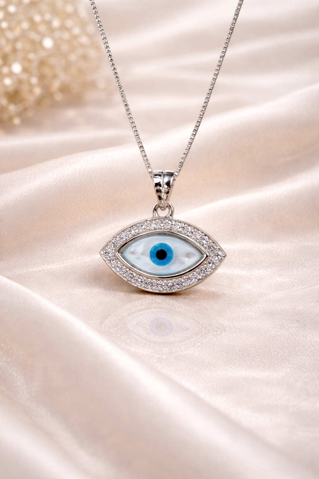 925 Sterling Silver Rhodium Plated Marquise-Shape Evil Eye Pendant with Sleek Box Chain