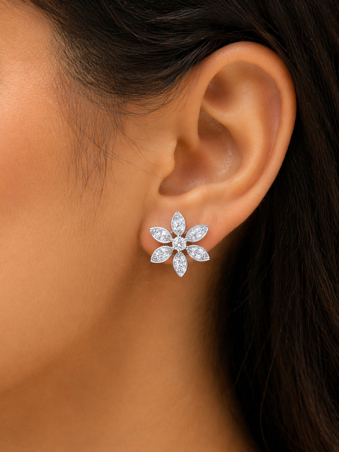 925 Sterling Silver Rhodium Plated Floral CZ Stud Earrings