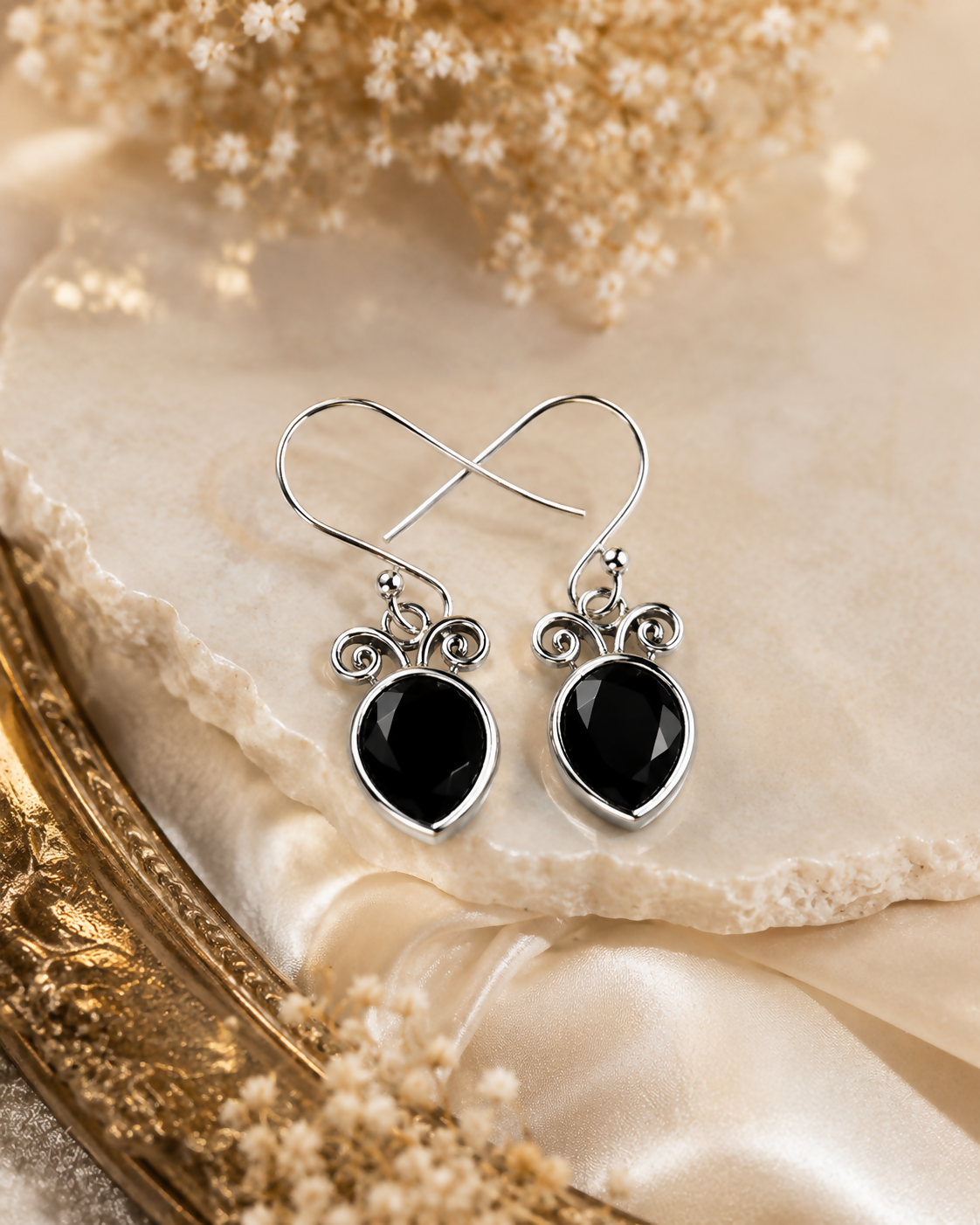 Natural Black Onyx Earrings | 925 Sterling Silver | Pear Drop Earrings