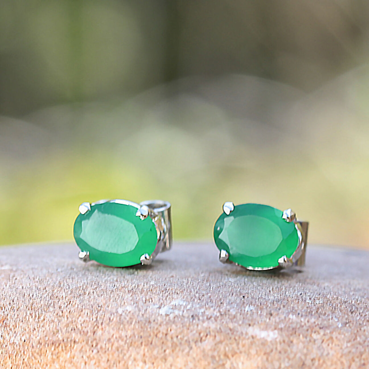 925 Sterling Silver Green Onyx Eartops for Women | Natural Green Gemstone Stud Earrings | Minimalist Daily Wear Jewelry