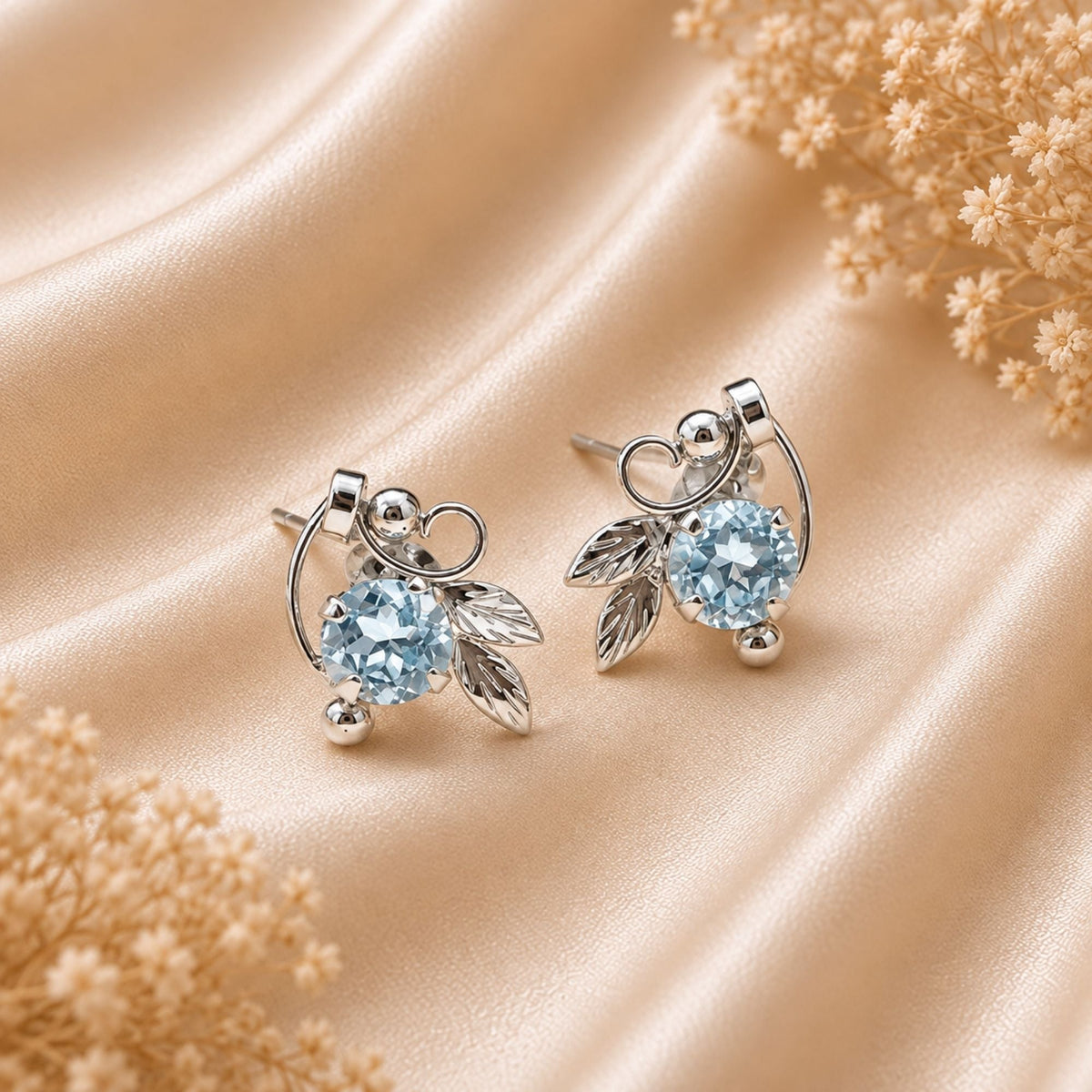 925 Sterling Silver Blue Topaz Gemstone Leaf Design Handmade Stud