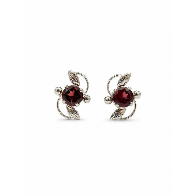 925 Sterling Silver Garnet Gemstone Eartops Red Leaf Design Handmade Jewelry