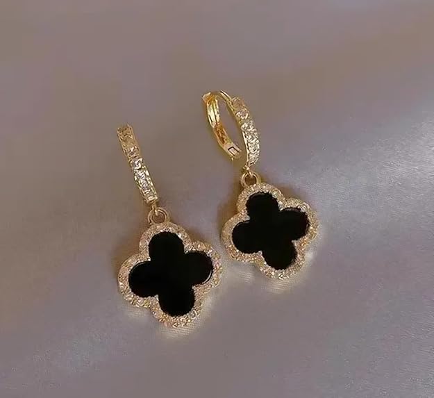astria-jewellery-black-clover-drop-hoop-earrings-with-crystal-border-for-women