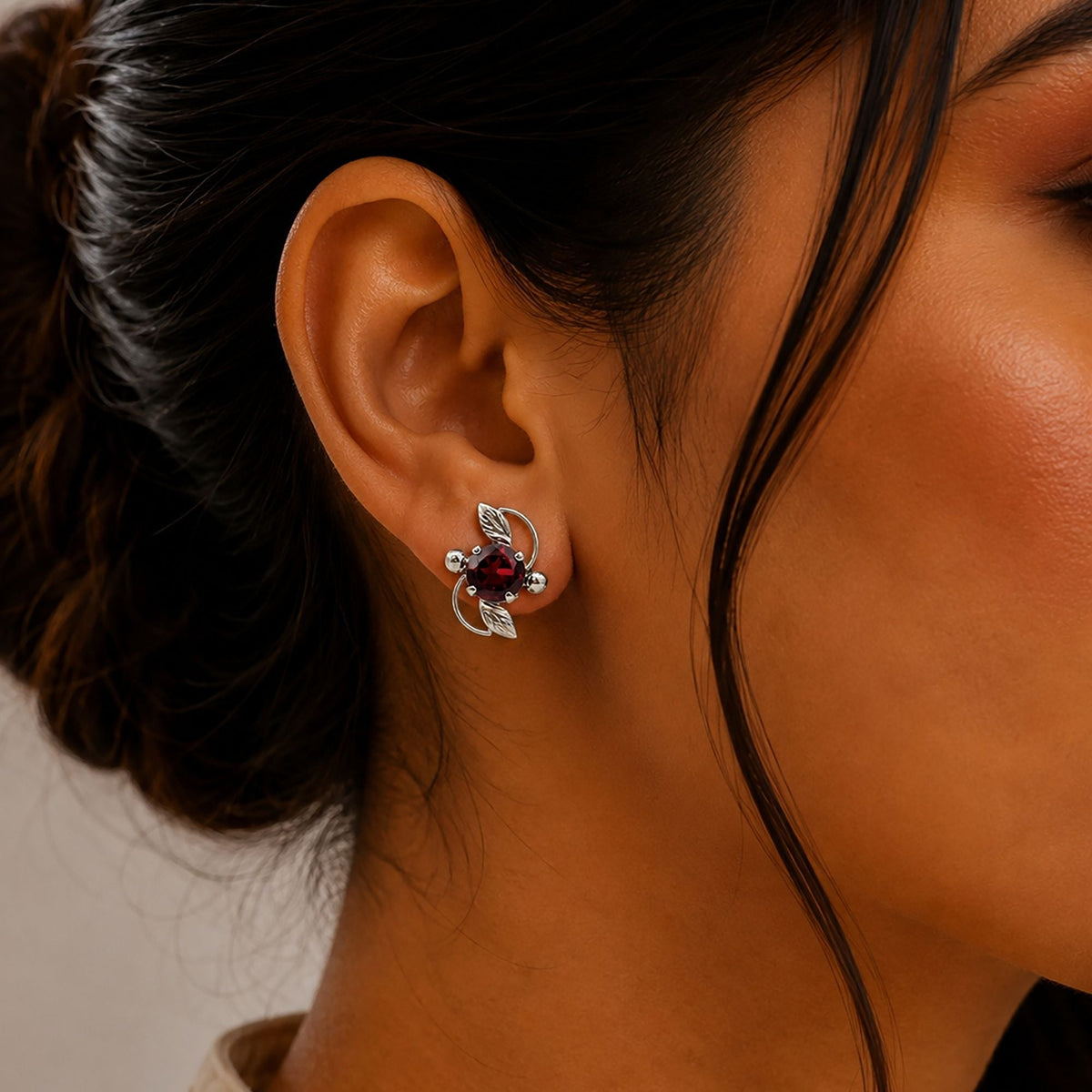 925 Sterling Silver Garnet Gemstone Eartops Red Leaf Design Handmade Jewelry