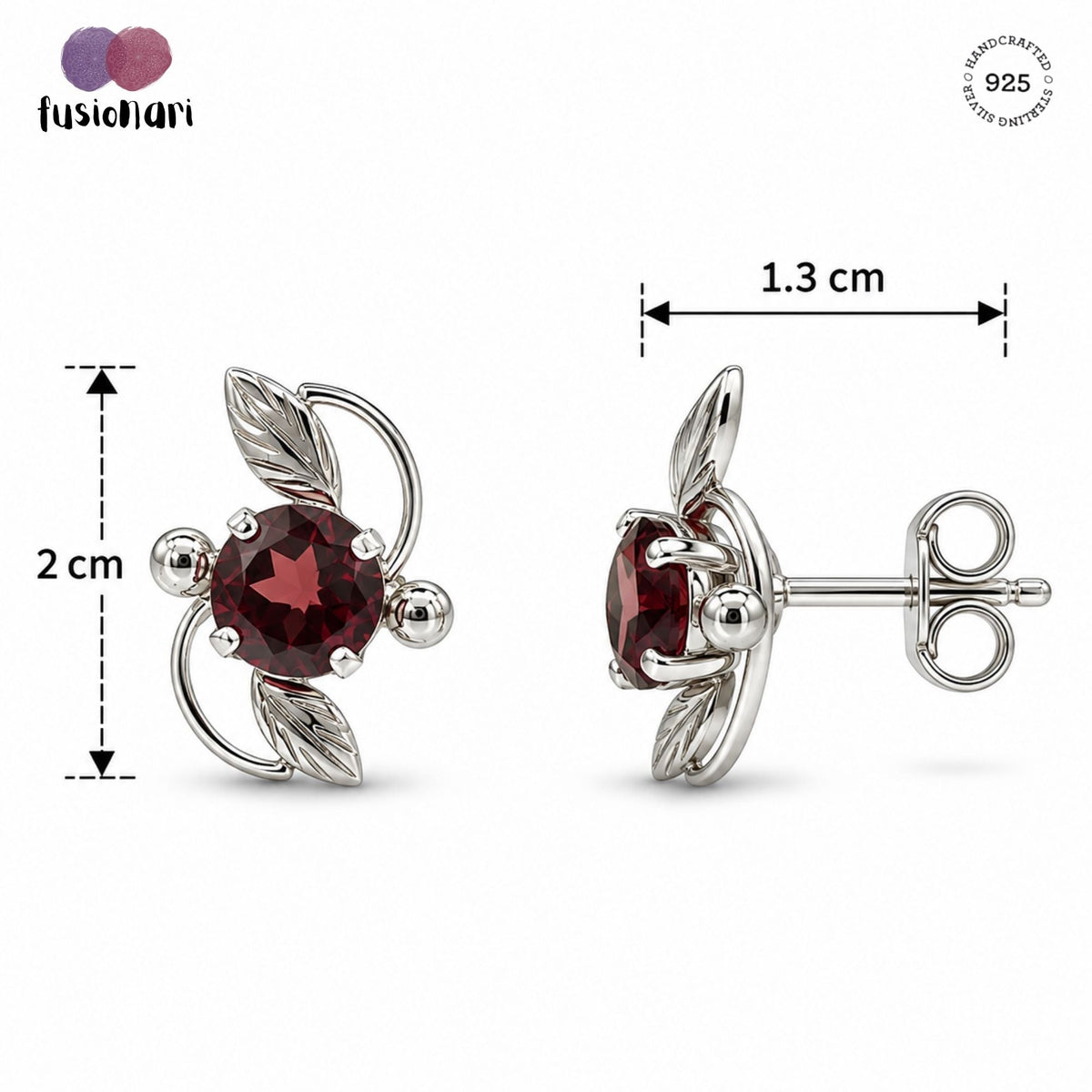 925 Sterling Silver Garnet Gemstone Eartops Red Leaf Design Handmade Jewelry