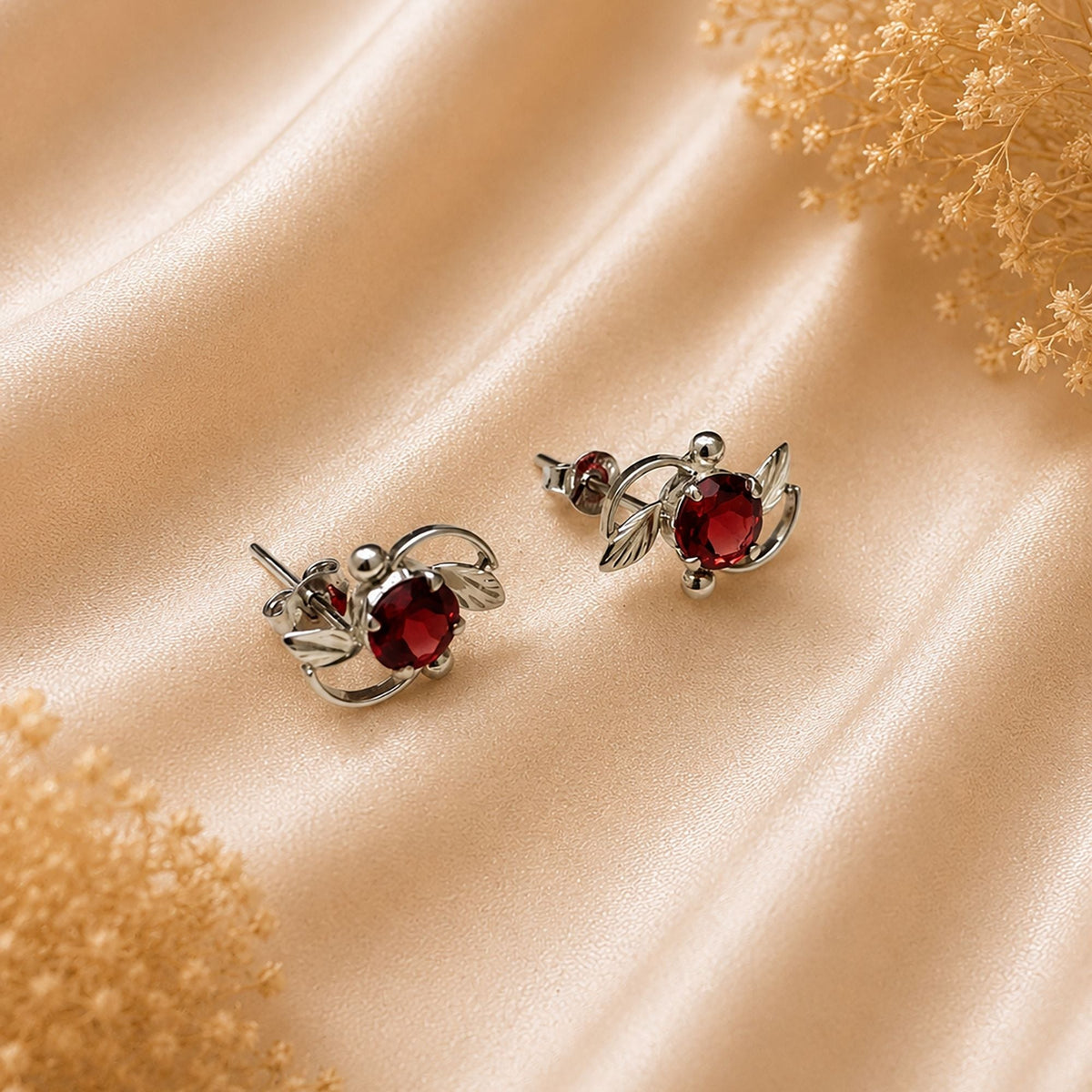 925 Sterling Silver Garnet Gemstone Eartops Red Leaf Design Handmade Jewelry