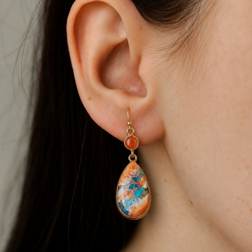 925 Sterling Silver Gold Plated Multi Turquoise Gemstone Dangle Drop Earrings for Women