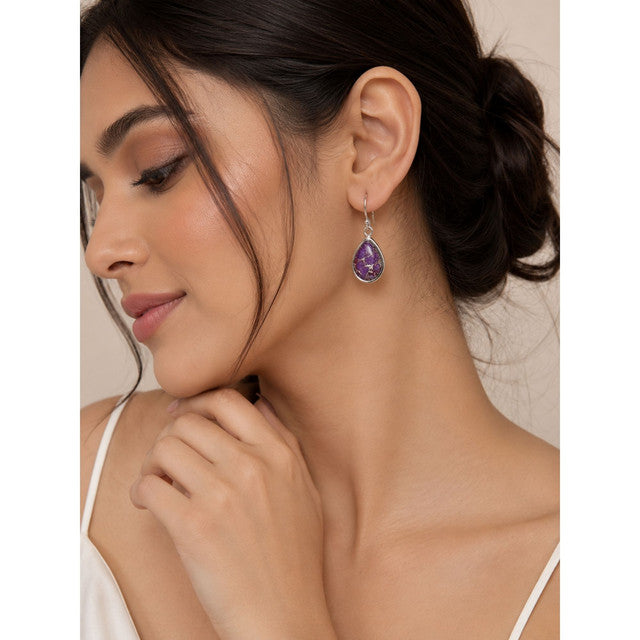 925 Sterling Silver Purple Turquoise Gemstone Earrings Hanging Teardrop Style