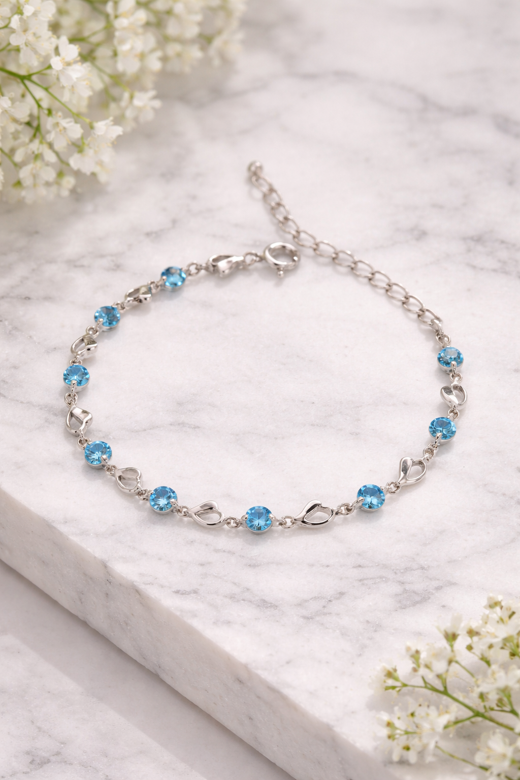 Elegant Silver Heart & Blue CZ Bracelet