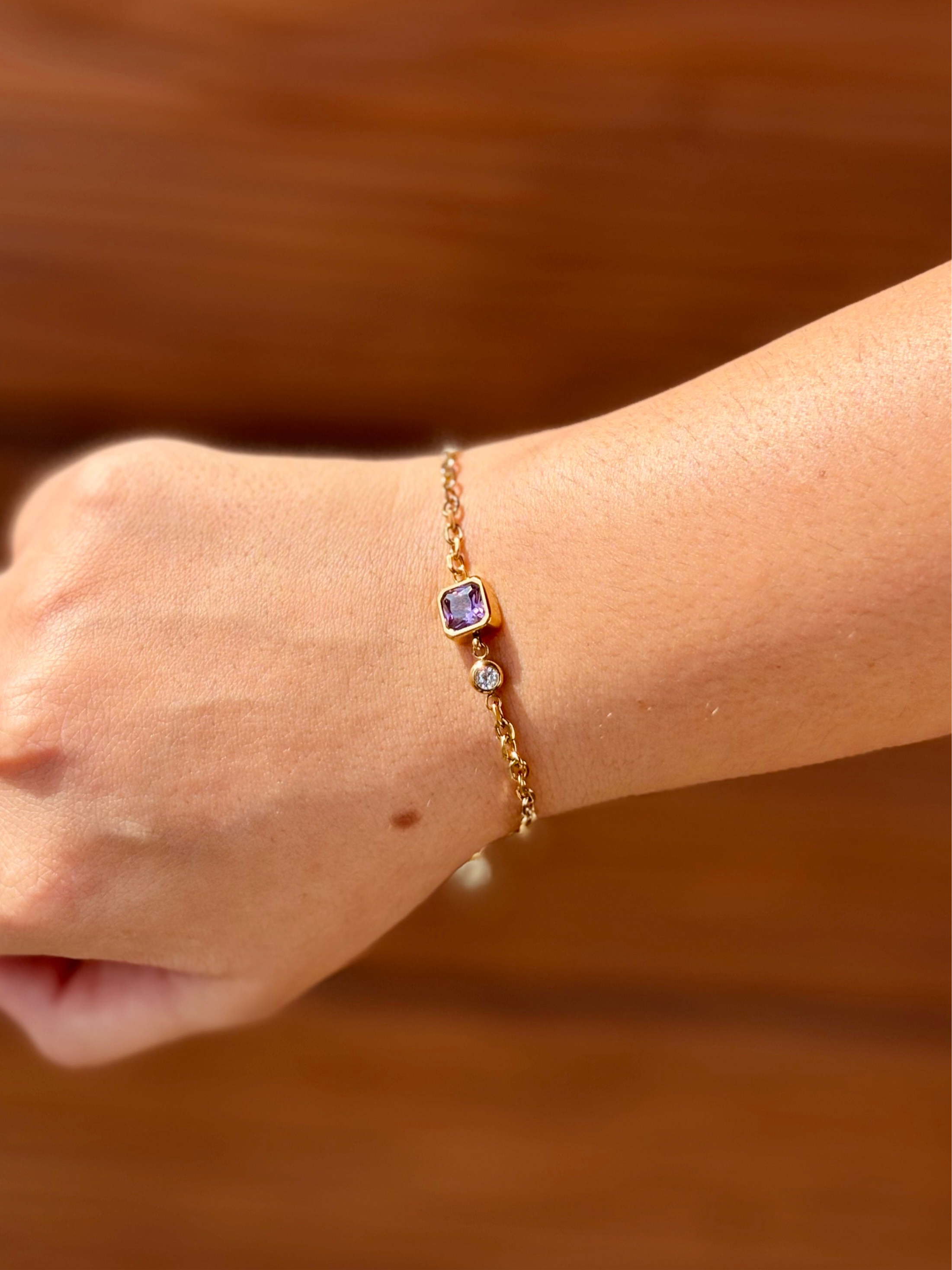 18k gold-plated Arya bracelet with white and purple stones �? colour-pop elegant bracelet, anti-tarnish and waterproof for evening and everyday wear.