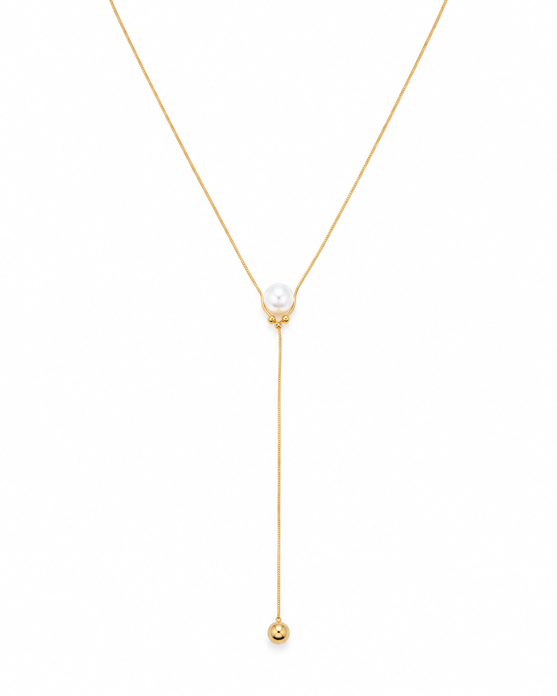 A delicate gold Y-necklace featuring a central white pearl and a long drop chain ending in a small gold bead, set against a plain white background.