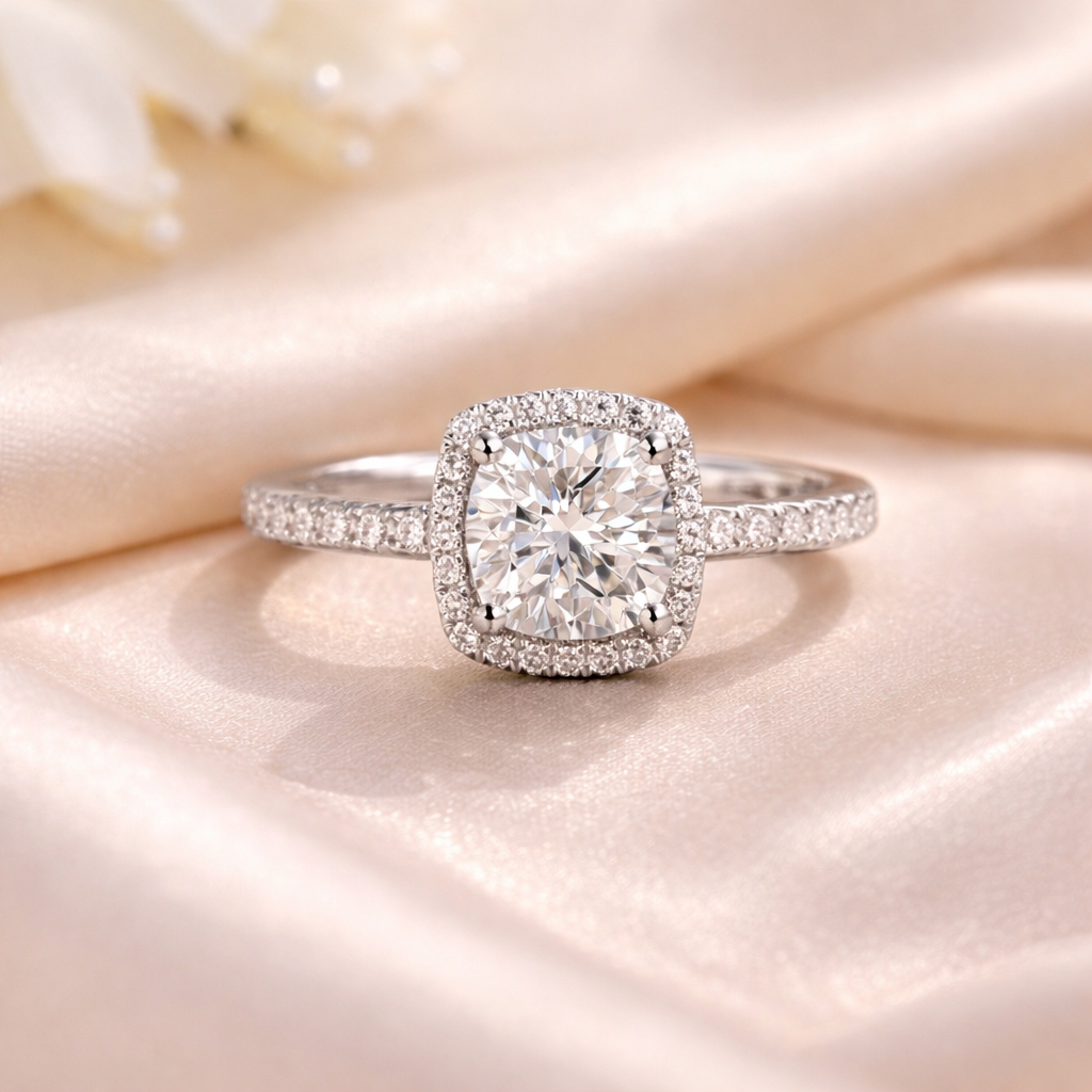 925 Sterling Silver Cushion-Cut Halo Solitaire Engagement Ring