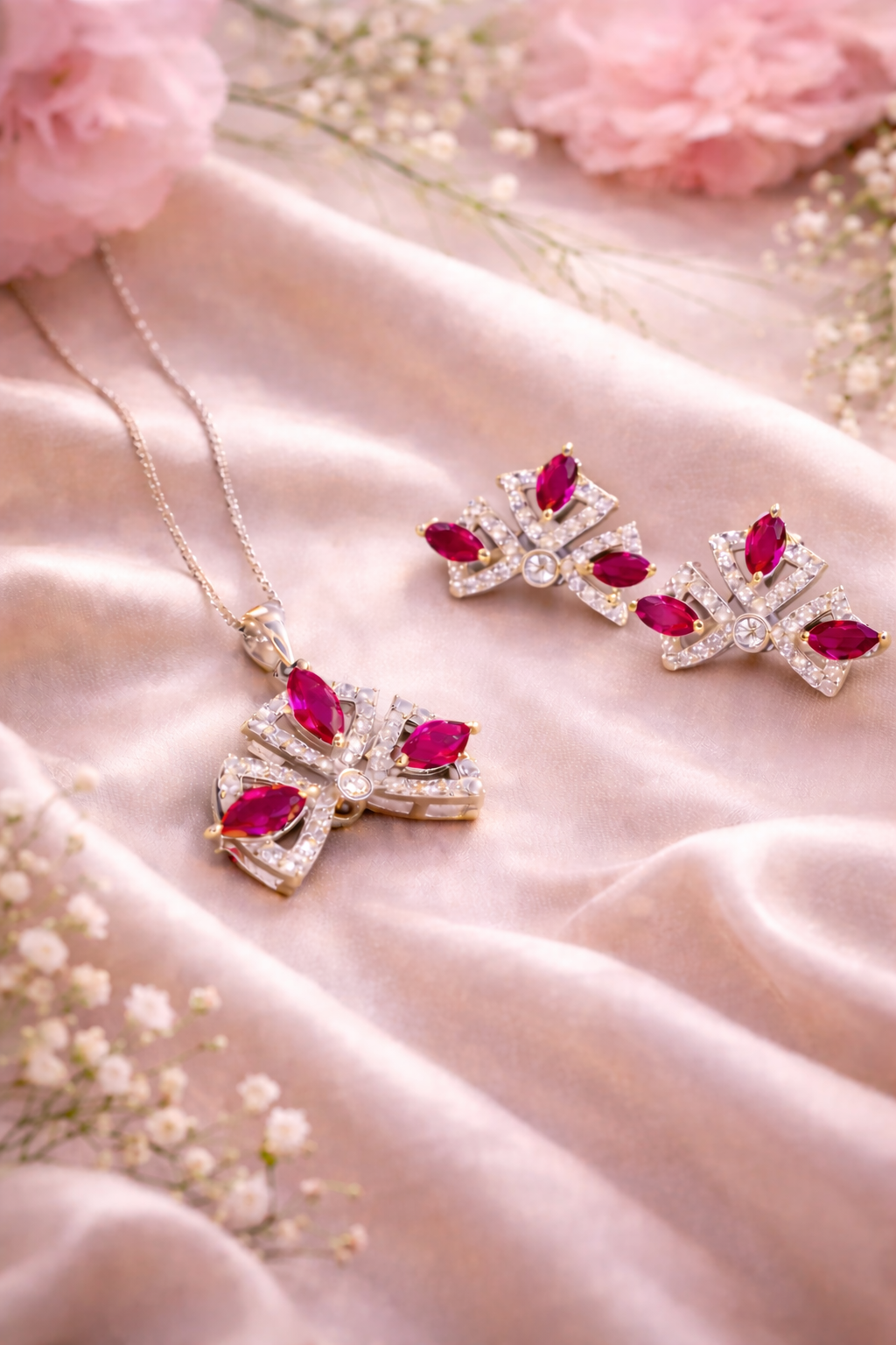 Elegant Pink CZ Stone Pendant & Earrings Jewellery Set