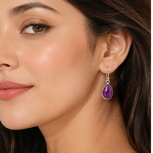 925 Sterling Silver Amethyst Purple Gemstone Hanging Earrings with Teardrop Design