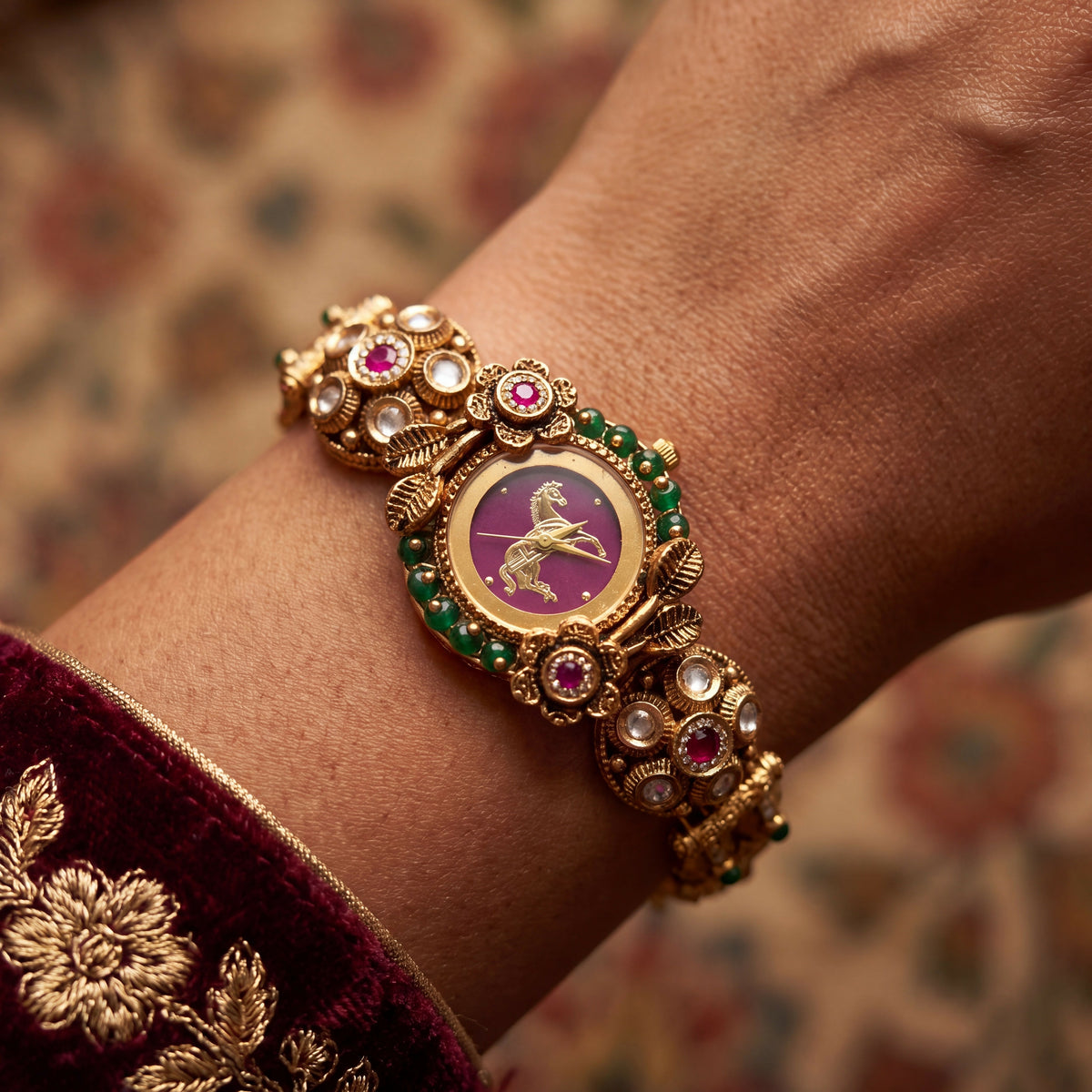 Antique Gold Pink Dial Horse Motif Floral Kundan Bracelet Watch for Women & Girls | Stylish Watch | Wrist Watches for Girls | Ideal for gifting | Gift for Diwali, Christmas, Marriage, Birthday, anniversary, wedding