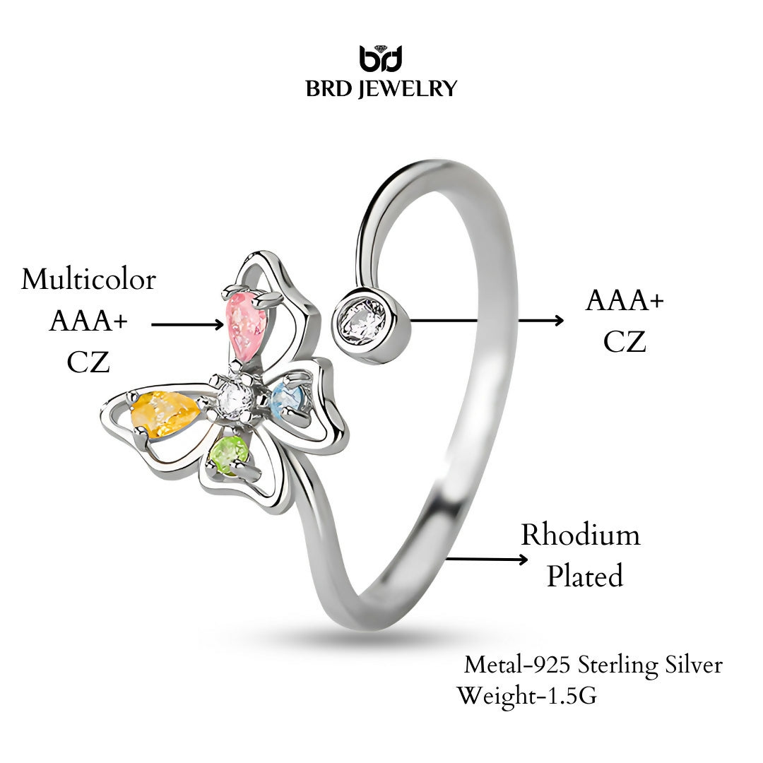 925 Sterling Silver Multicolor Cz Butterfly Adjustable Ring For Women & Girls I Butterfly Ring (Adjustable)