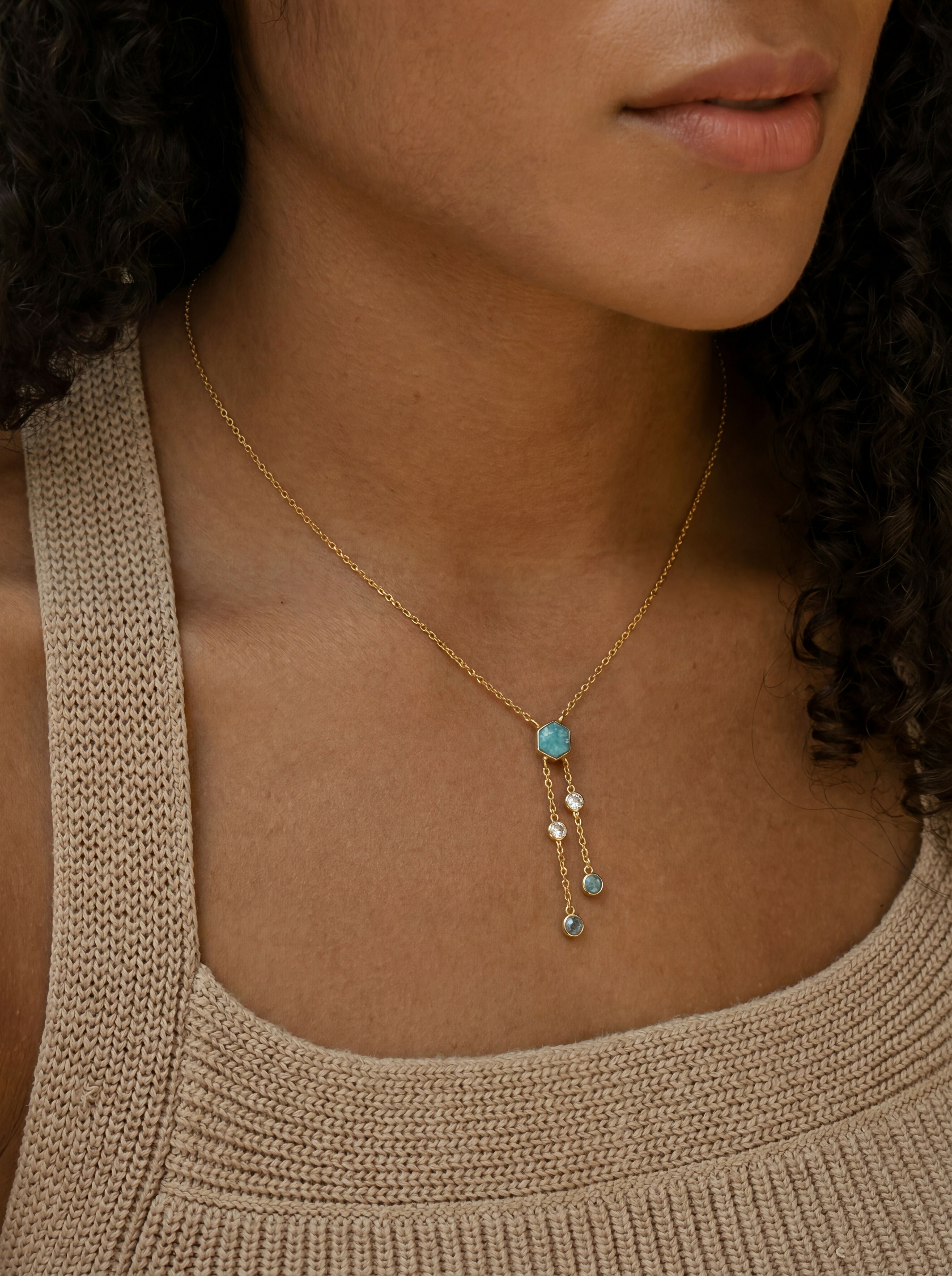 Amazonite & White CZ Gold Plated 925 Sterling Silver Drop Necklace