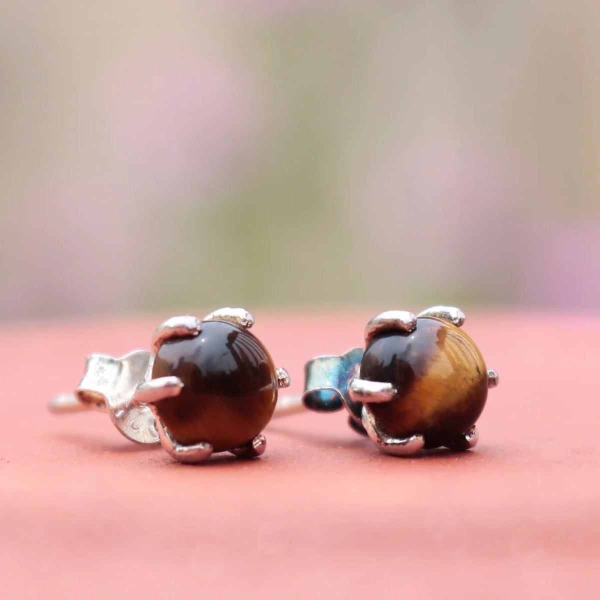925 Silver Eartops with round Tiger eye gemstone handmade in prongs setting with push closure