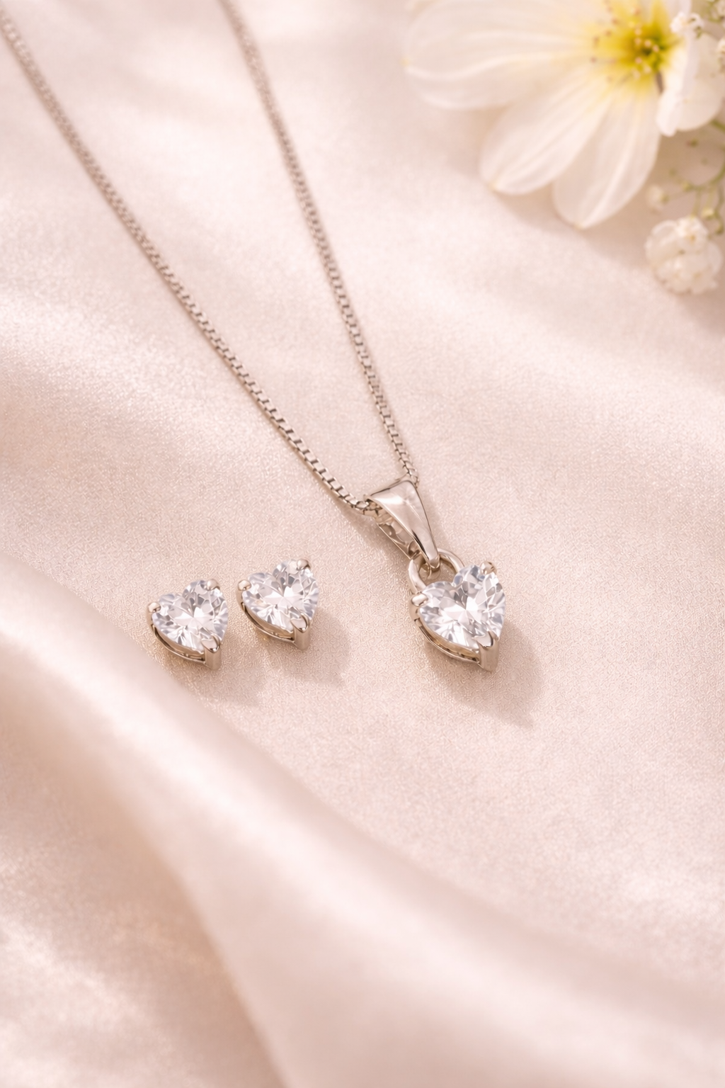 Heart-Shaped Single Stone CZ  Pendant Charm & Stud Earrings Set