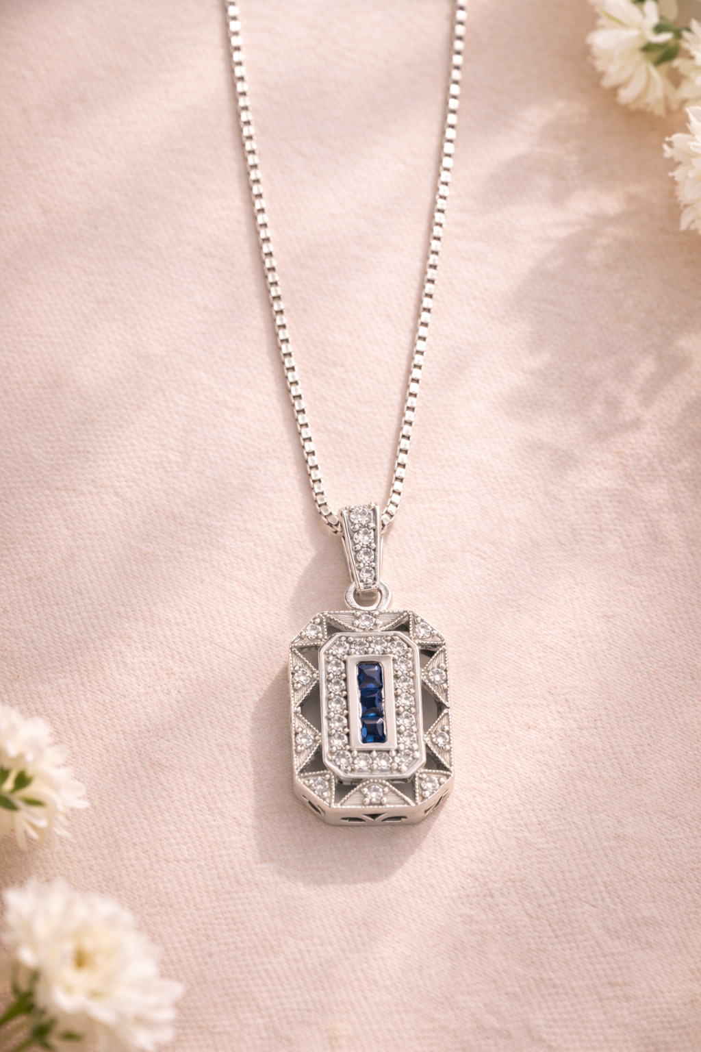Royal Blue & White Sterling Silver CZ Octagon Pendant Charm