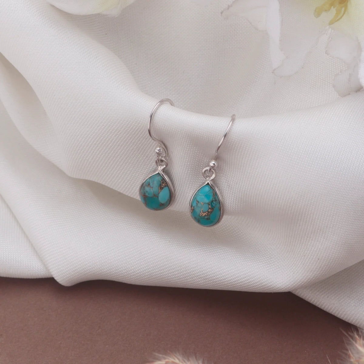 925 Silver Earrings with drop shape Turquoise handmade in bezel setting with ball earwire.