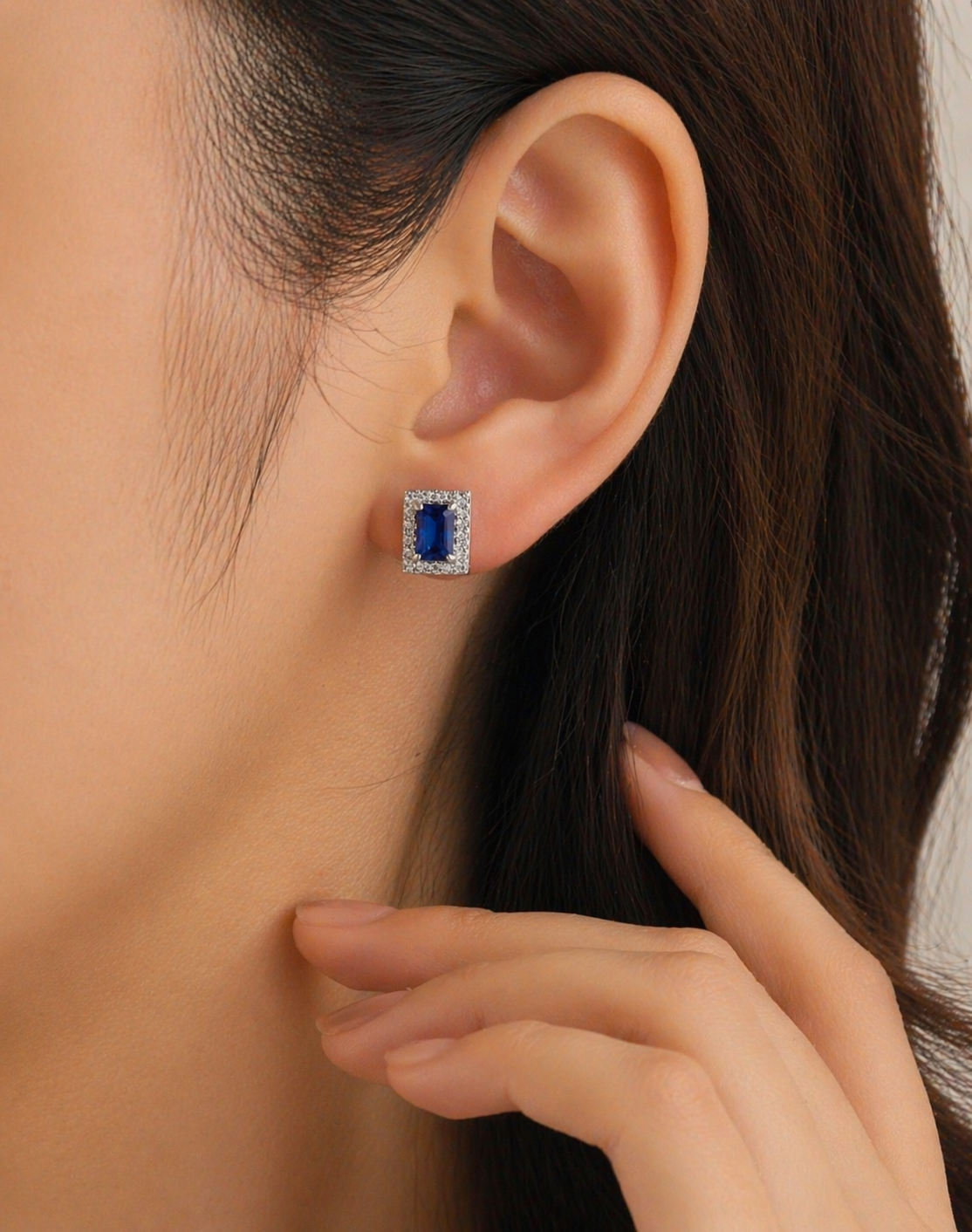 925 Sterling Silver Rhodium Plated Emerald-Cut Blue Sapphire & Halo Zirconia Stud Earrings