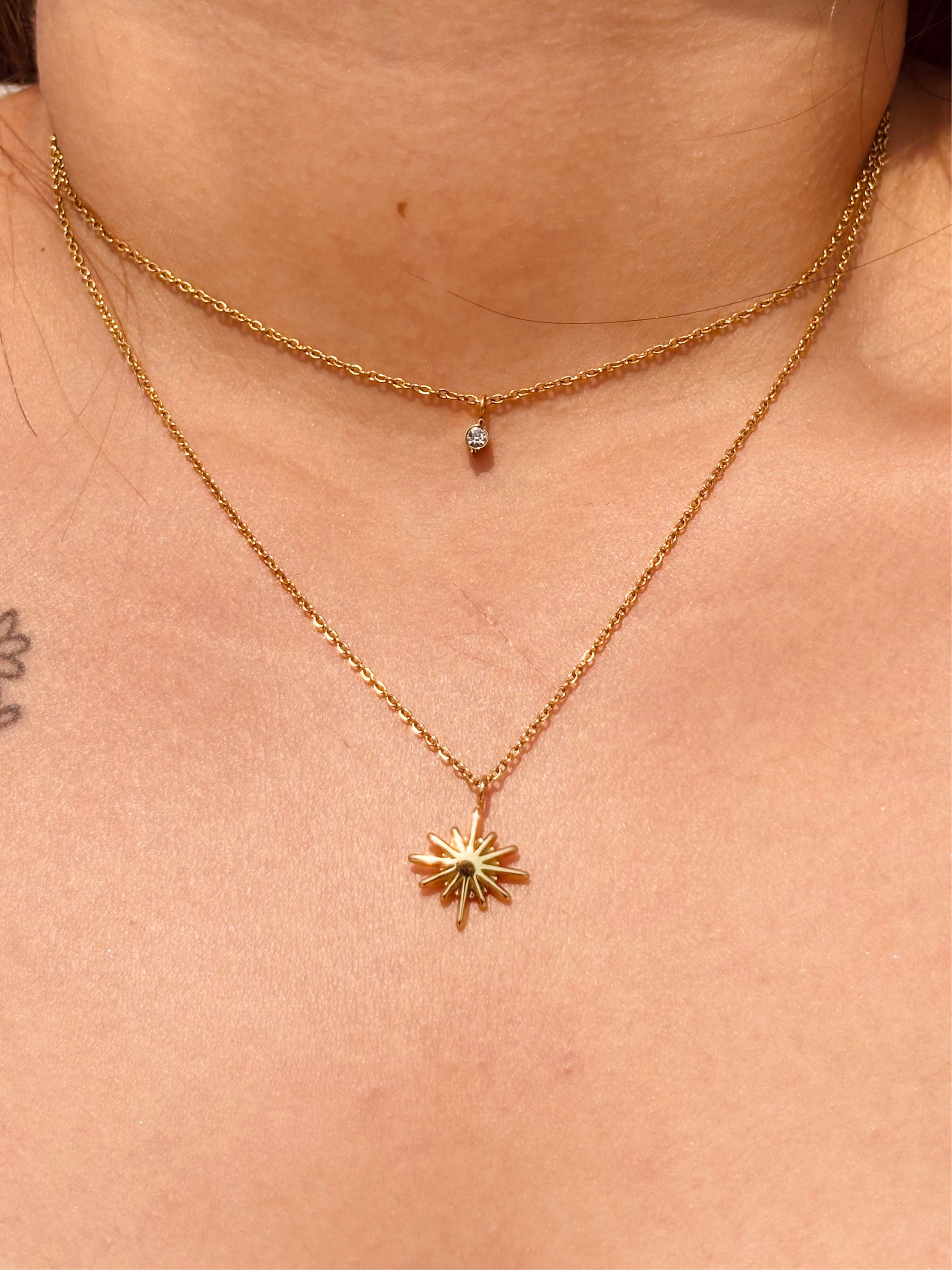 18k gold-plated double layer sun chain necklace �? radiant celestial sun white-stone double-layer necklace, anti-tarnish and waterproof for evening and festive wear.