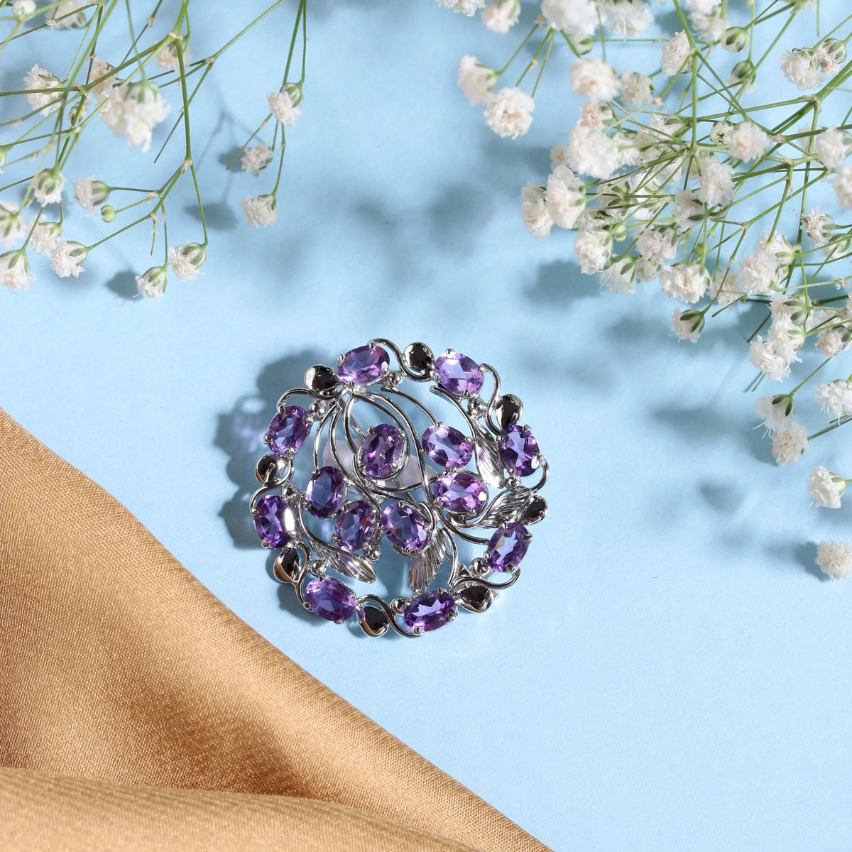 925 Silver Amethyst with blue sapphire Brooch Handcrafted  Stunning Purple Gemstone, Perfect for Adding Elegance to Any Outfit