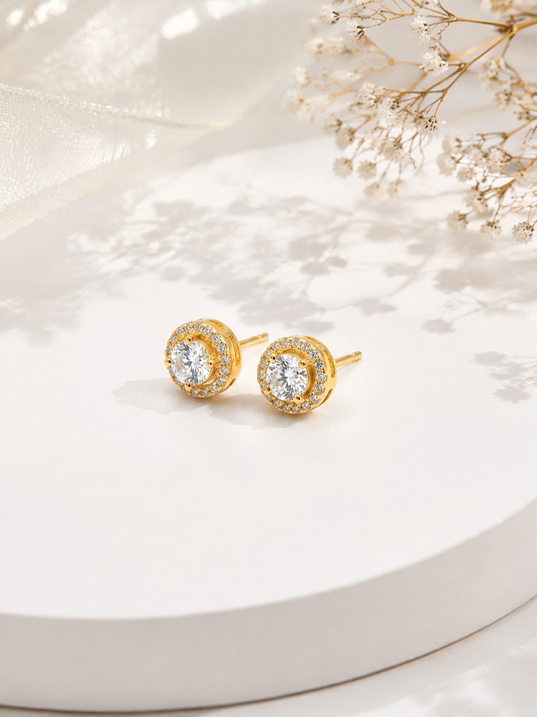 925 Sterling Silver Gold Plated Round Micro-Pave Halo Stud Earrings