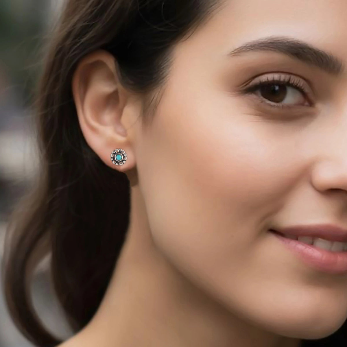 925 silver round tiny turquoise eartops in oxidised finish handmade in bezel setting with push closure