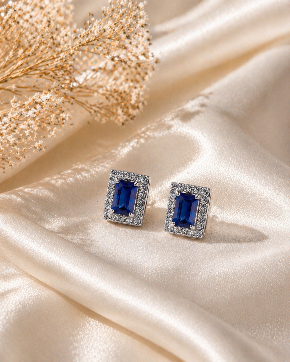 925 Sterling Silver Rhodium Plated Emerald-Cut Blue Sapphire & Halo Zirconia Stud Earrings