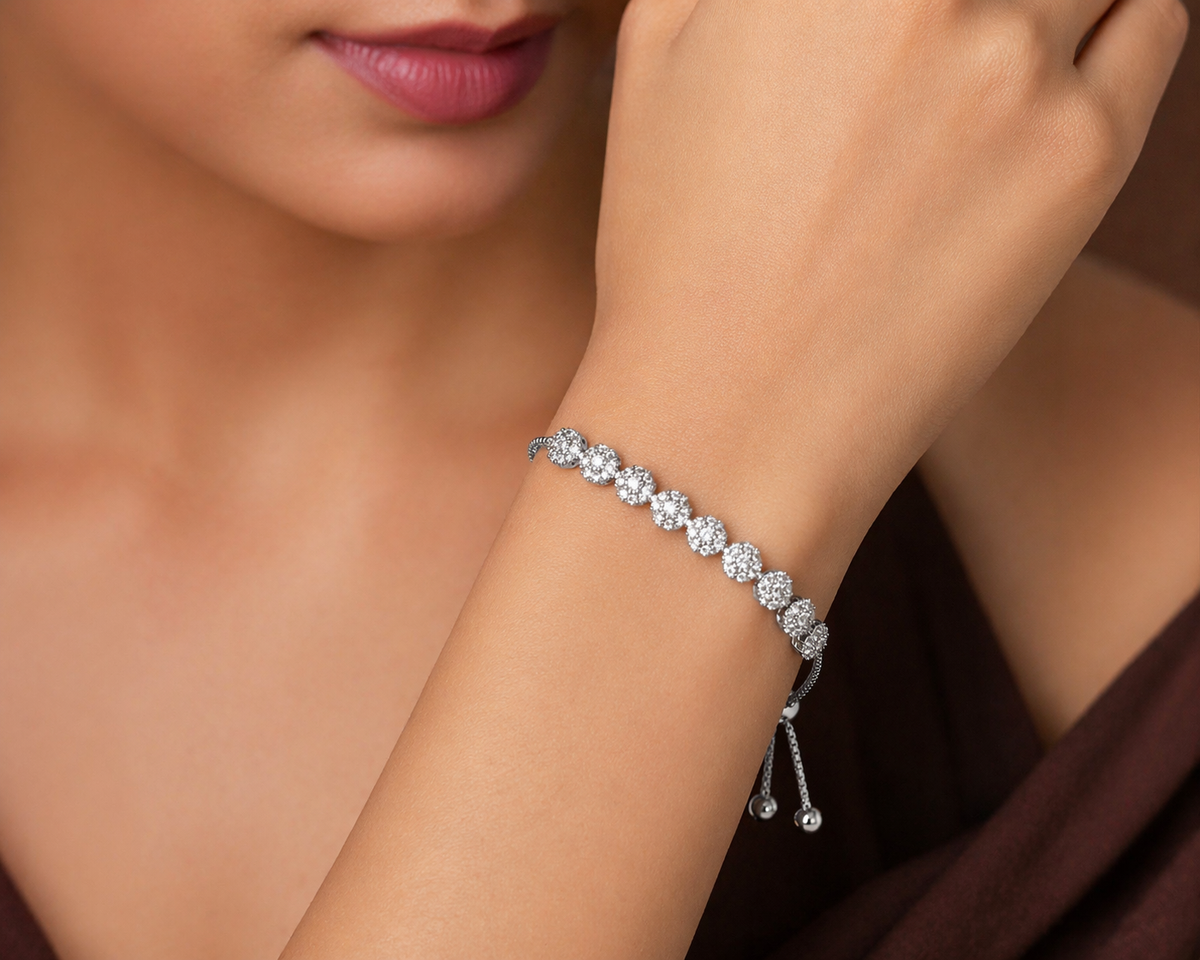 925 Sterling Silver Adjustable Floral CZ Bracelet with Slider Chain