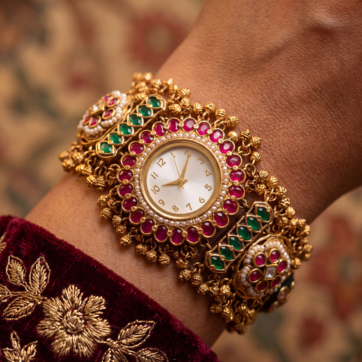 Antique Gold White Dial Ruby Bezel Emerald Bar Pearl Floret Ghungroo Bracelet Watch for Women & Girls | Stylish Watch | Wrist Watches for Girls | Ideal for gifting | Gift for Diwali, Christmas, Marriage, Birthday, anniversary, wedding