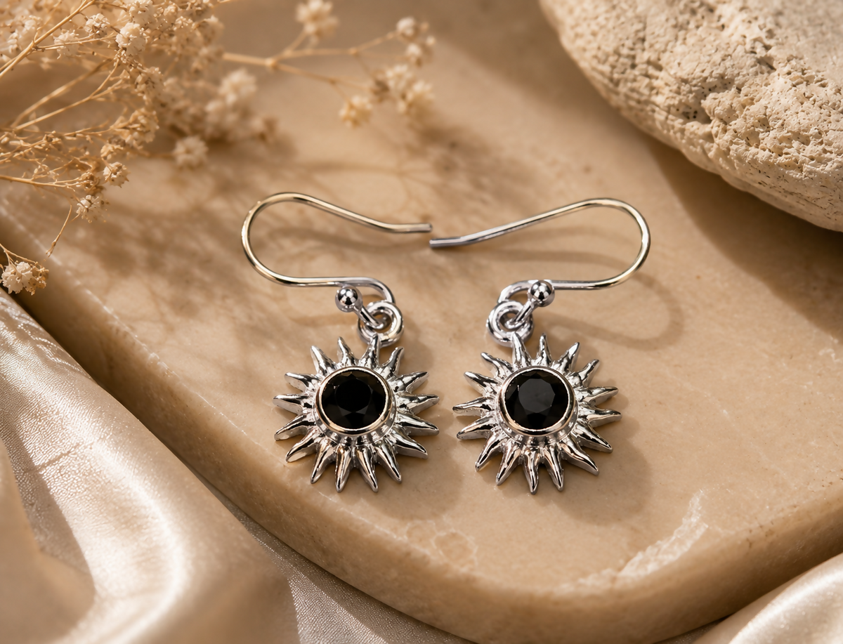 Natural Black Onyx Earrings | 925 Sterling Silver | Sunburst Drop Earrings