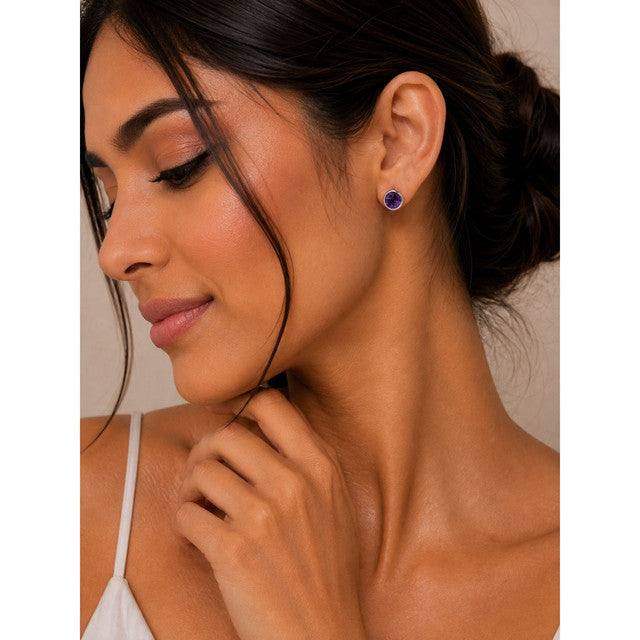 925 Sterling Silver Amethyst Gemstone Stud Earrings, Purple Round Stone Jewellery