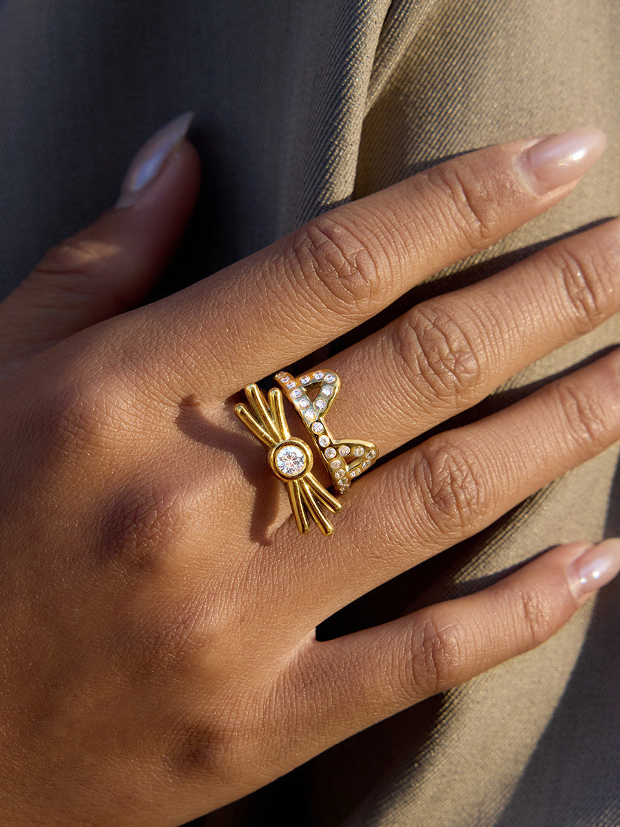 18k gold-plated dual bow drop earrings �? sweet statement bow drops, anti-tarnish and waterproof for everyday and evening wear.