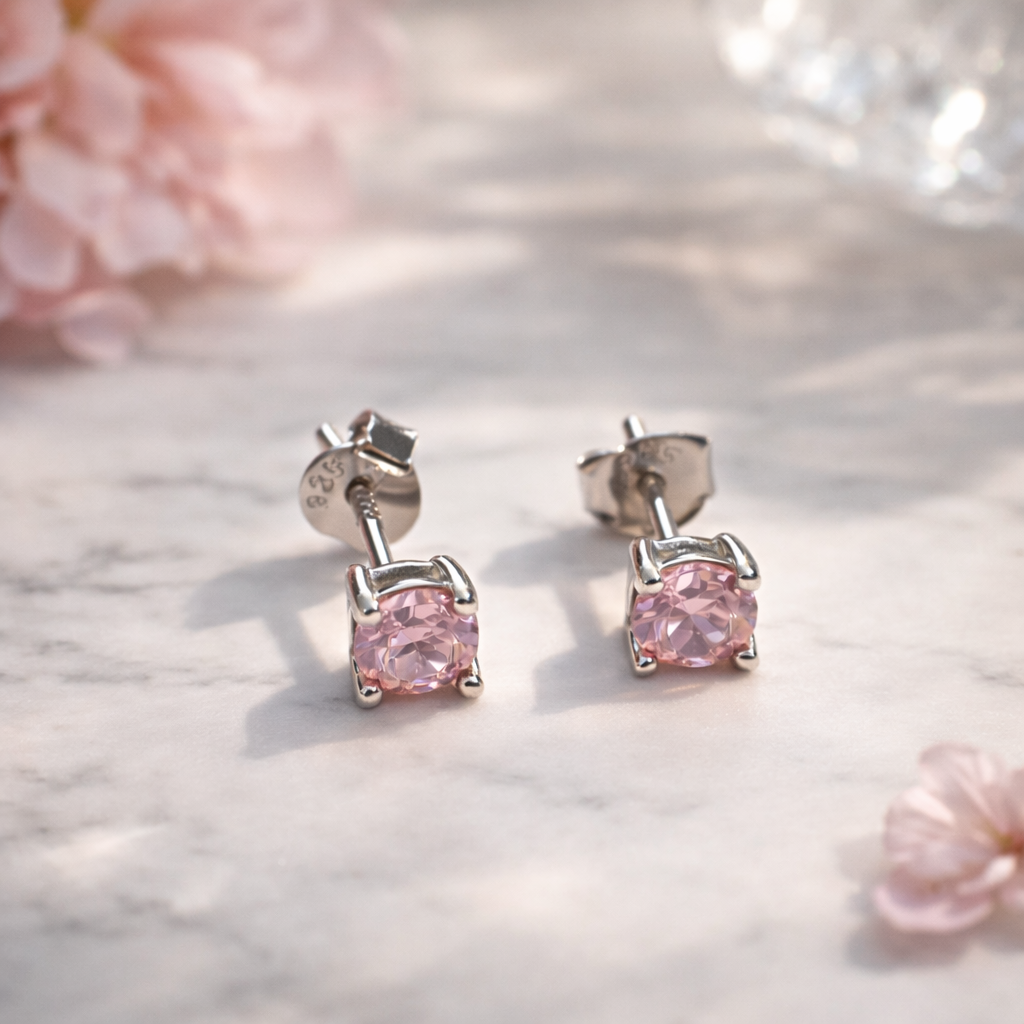 925 rhodium plated with lite pink cz earrings