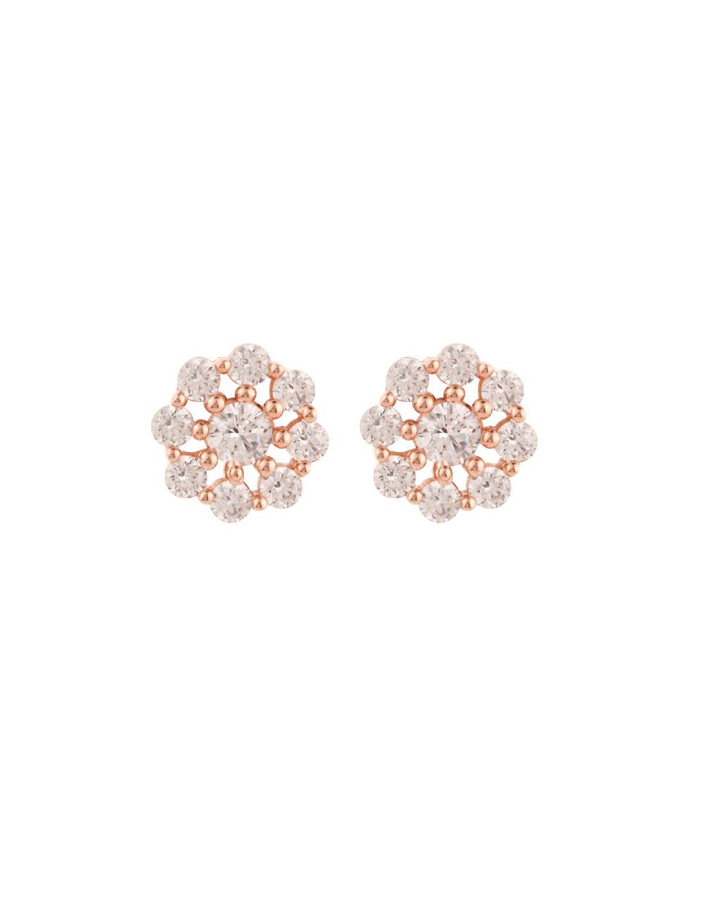 925 Sterling Silver Cz Studded Rose gold Plated Floral Clustered Studds Earrings (One Size)
