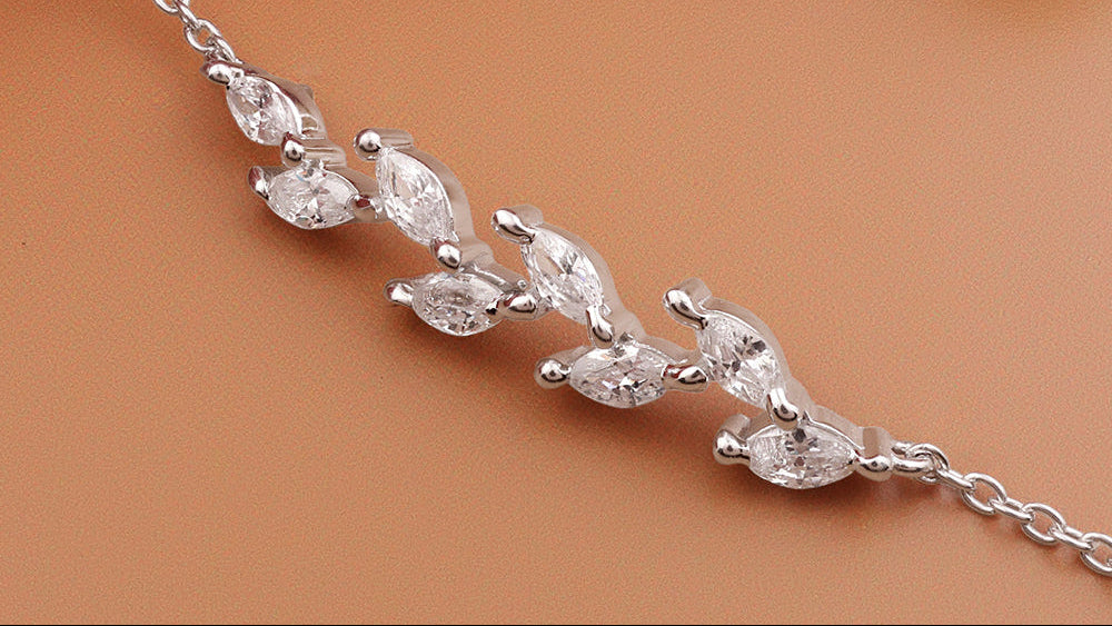 925 Sterling Silver Zircon Ferns Bracelet With Link Chain & (Adjustable)