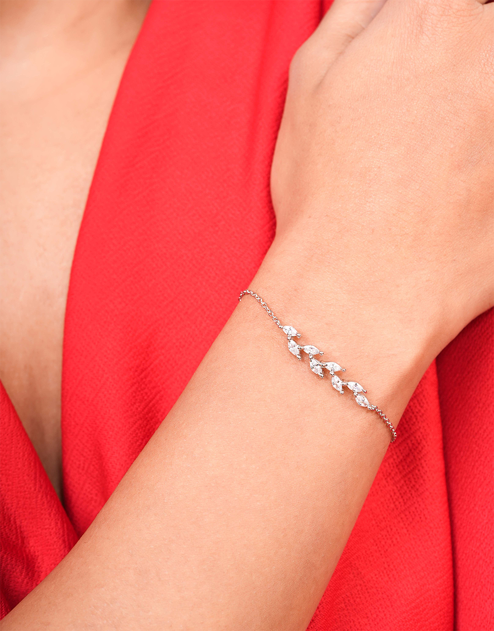 925 Sterling Silver Zircon Ferns Bracelet With Link Chain & (Adjustable)