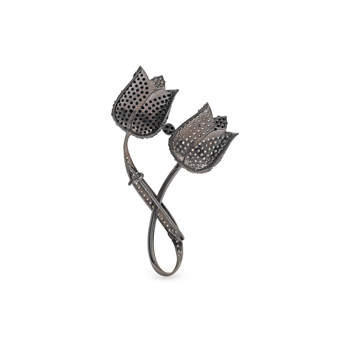 925 Silver Black Spinel & Cubic Zirconia Floral Brooch Back View