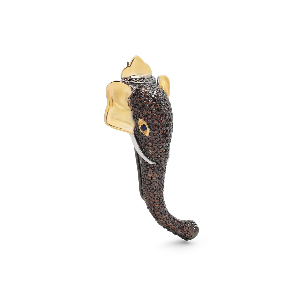925 Sterling Silver Elephant Brooch | Lab-Grown Blue & Chocolate Stones Side View