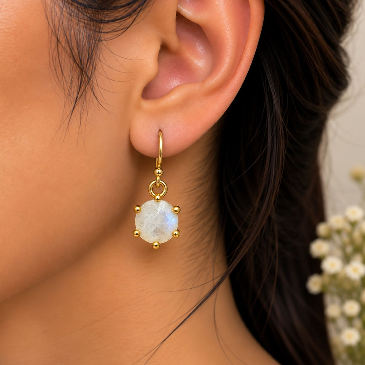 925 Sterling Silver Moonstone Earrings Round Gemstone Gold Plated Handmade Jewelry Design