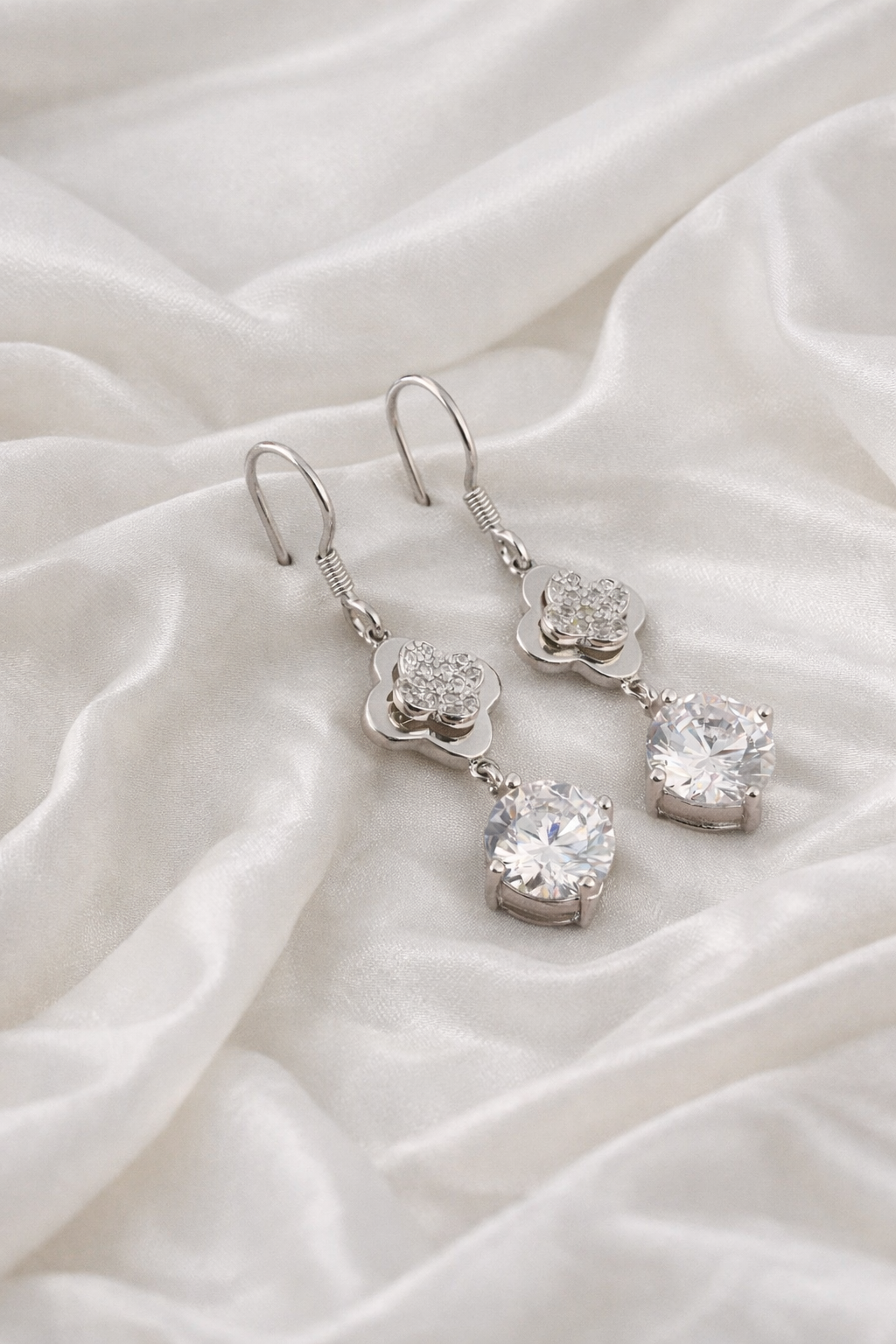 Elegant Silver Drop Earrings with White Stones