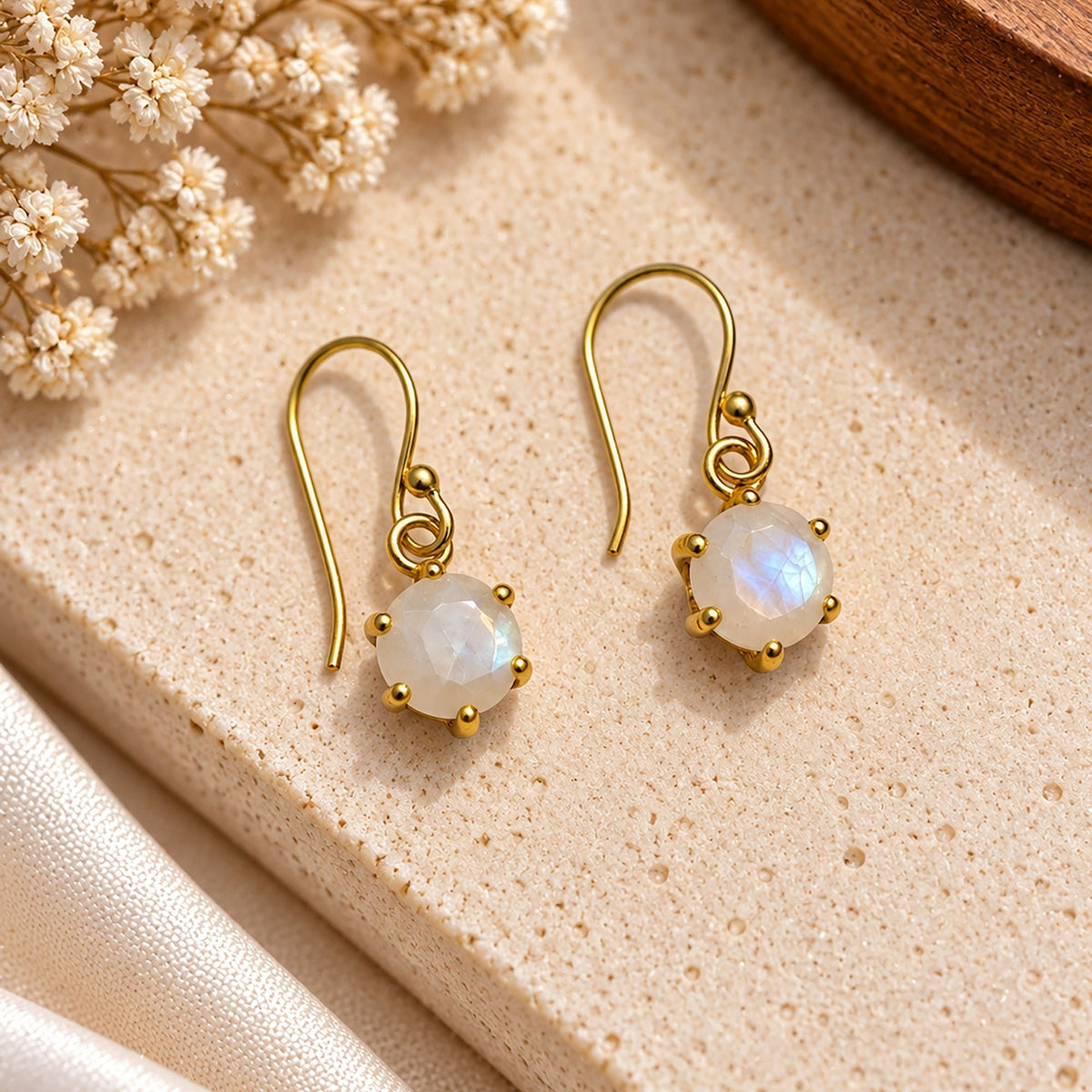925 Sterling Silver Moonstone Earrings Round Gemstone Gold Plated Handmade Jewelry Design